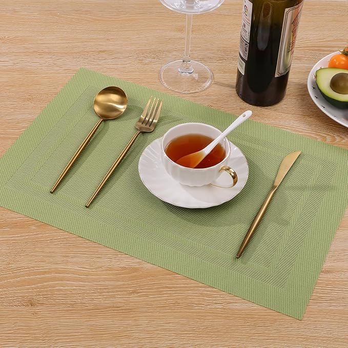SHACOS Woven Vinyl Placemats Set of 6 Wipe Clean Place Mats for Dining Table Heat Resistant PVC Weave Table Mats Indoor Outdoor (6, Frame Olive Green)