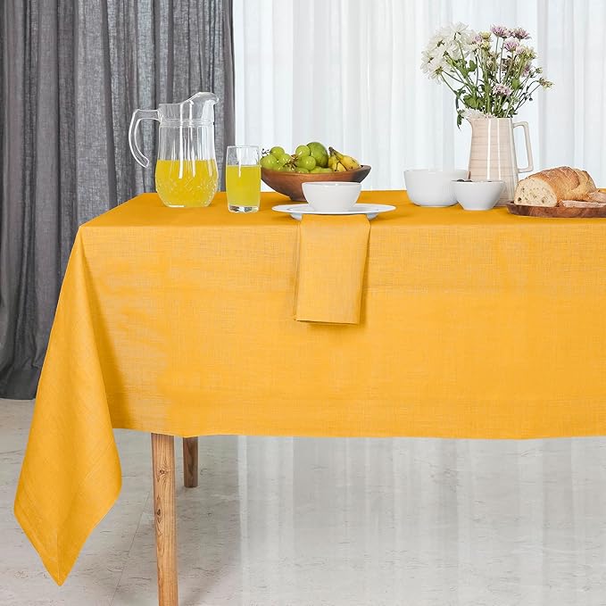 D'Moksha Homes Sunflower Yellow Linen Tablecloth 60 x 84 Inch - 100% Pure Linen Table Cloth for Rectangle Tables - Machine Washable Cloth Tablecloth for Fall, Autumn and Halloween