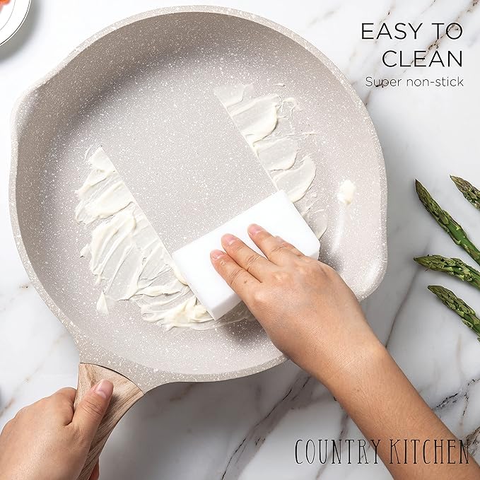 Country Kitchen Non-Stick Cast Aluminum Cookware Set - Durable Kitchen Cookware for Everyday Cooking, Cream, 11 Pc.