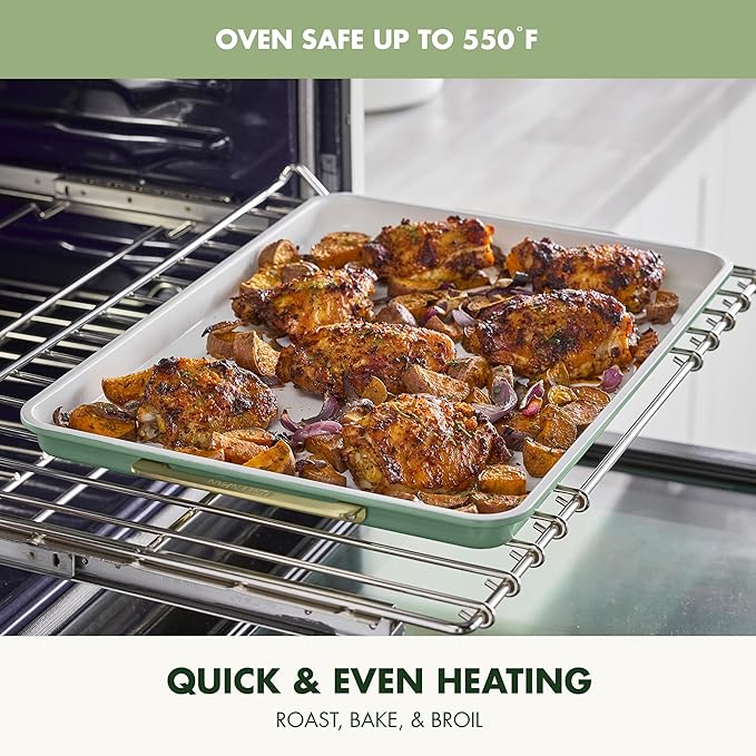 GreenPan Bakeware 13"x18" Half Baking Sheet Pan, Ceramic Nonstick Baking Pan, PFAS & BPA Free, Gold Handles, Durable Steel, Versatile & Space Saving Ovenware, Freezer to Oven Dish, Sage Green