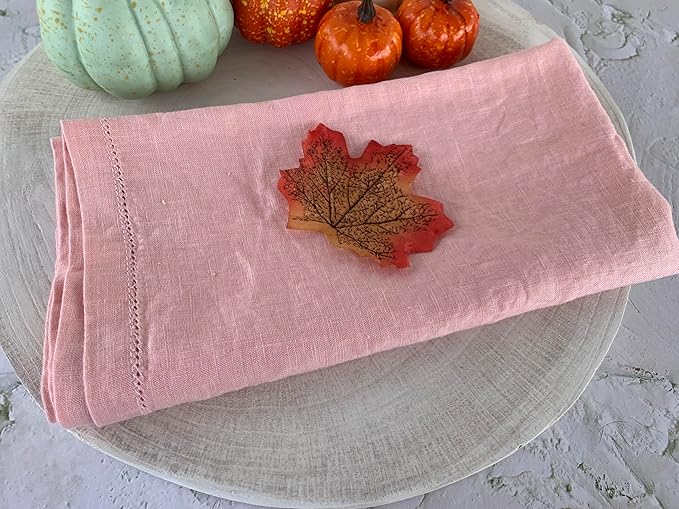 Hemstitched Linen Napkins – 20 Inch x 20 Inch – Stonewashed Pure Linen Cloth Dinner Napkins with Mitered Corners - 100% French Flax – Machine Washable - Set of 4 (Blush Pink)