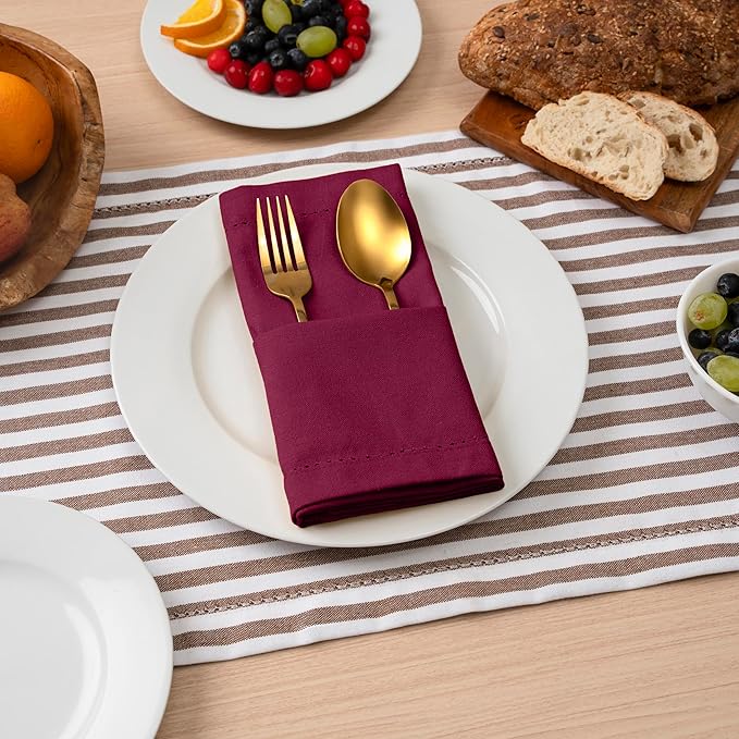 Blue Needles Set of 12 Hemstitch Linen Napkins 100% Cotton Burgundy Cloth Dinner Napkins 18x18 inches, Soft, Reusable, Absorbent, Washable, Ideal for Fall Thanksgiving Events, Parties & Everyday Use
