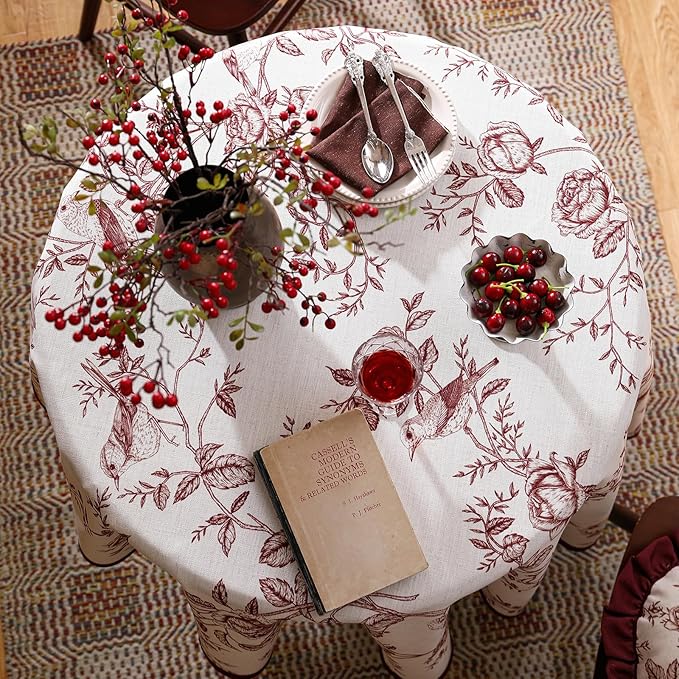 French Round Tablecloth, Linen Table Cloth with Dark Red Floral Leaves and Birds Pattern, Heavy Durable Table Cover for Dining Thanksgiving Kitchen Decor Party Christmas,Diameter 55"