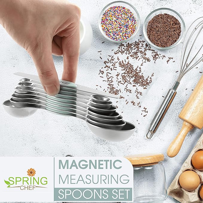 Spring Chef Stainless Steel Magnetic Measuring Spoons Set of 8 with Leveler, Nesting Metal Teaspoon & Tablespoon Measuring Spoons, Kitchen Gadgets for Baking & Cooking, Fits in Spice Jars - Mint
