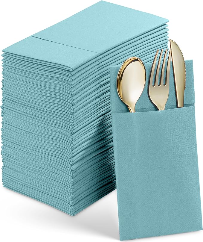 50-Pack Disposable Linen-Feel Dinner Napkins With Built-in Flatware Pocket, PALE BLUE Prefolded Cloth Like Paper Napkins For Wedding, Dinner Or Party