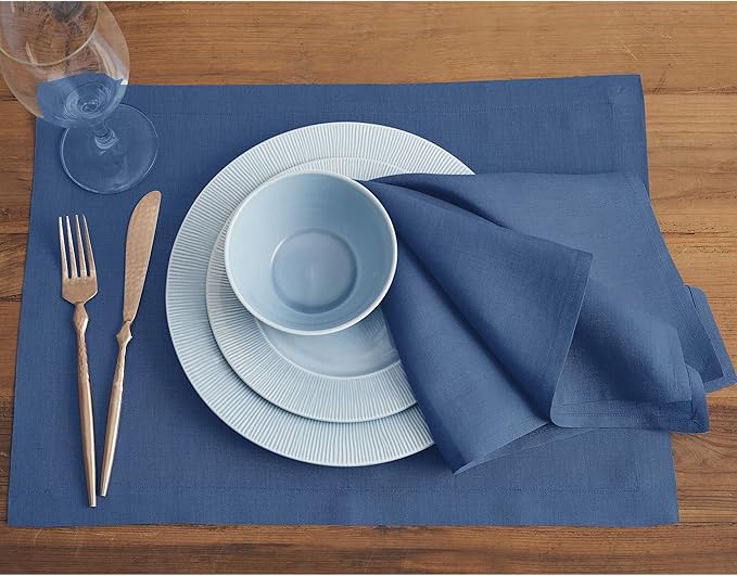 Solino Home Linen Placemats Set of 4 - Indigo Blue Placemats 14 x 19 Inch - 100% Pure Linen Table Place Mats for Fall, Autumn, Thanksgiving, Christmas, Holiday, Winter - Fete