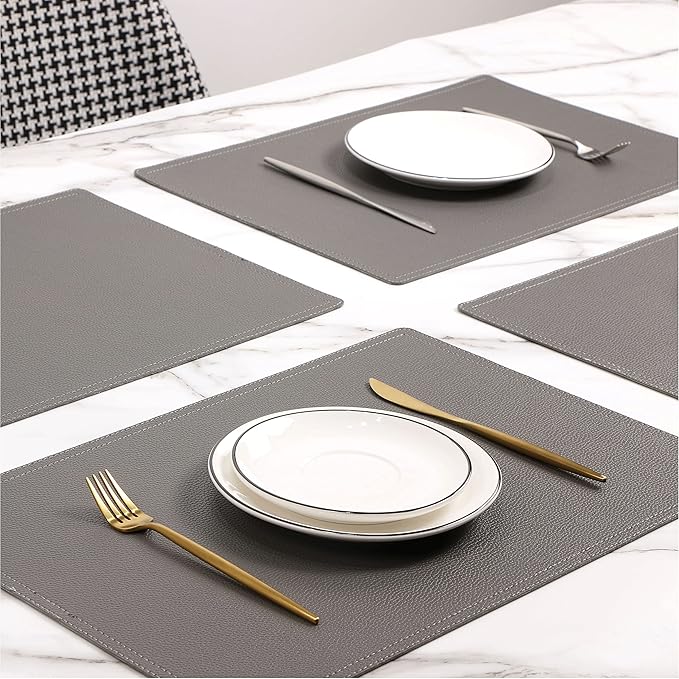 Set of 8 Faux Leather Placemats, PU Table Mats, Waterproof, Stain Resistant, Heat Resistant, Non-Slip Easy to Clean for Kitchen Dining Table,Conference Table C Grey Rectangle