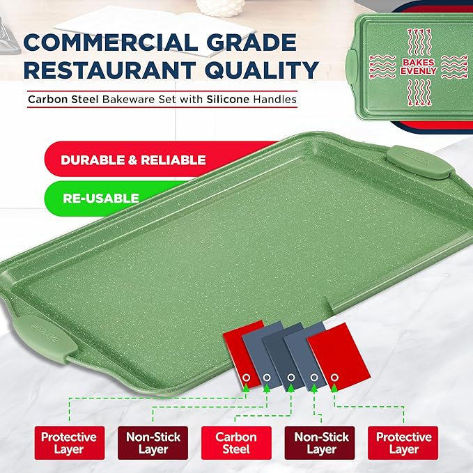BAKKEN Kitchen Baking Pan Set - Nonstick Green Marble Coating, Carbon Steel Bakeware Sets with Green Silicone Handles, Kitchen Essentials, PFOA, PFOS, PTFE Free, Oven Safe (Up To 450° F), Set of 6