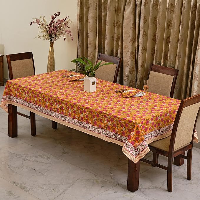 Ridhi -Bubblegum Pink Cotton Tablecloth, Handblock Print Floral Table Cloth for Kitchen Dining Linen I Thanksgiving, Christmas, Wedding, Fall Décor 8 Seater 70X108 Inch Rectangle