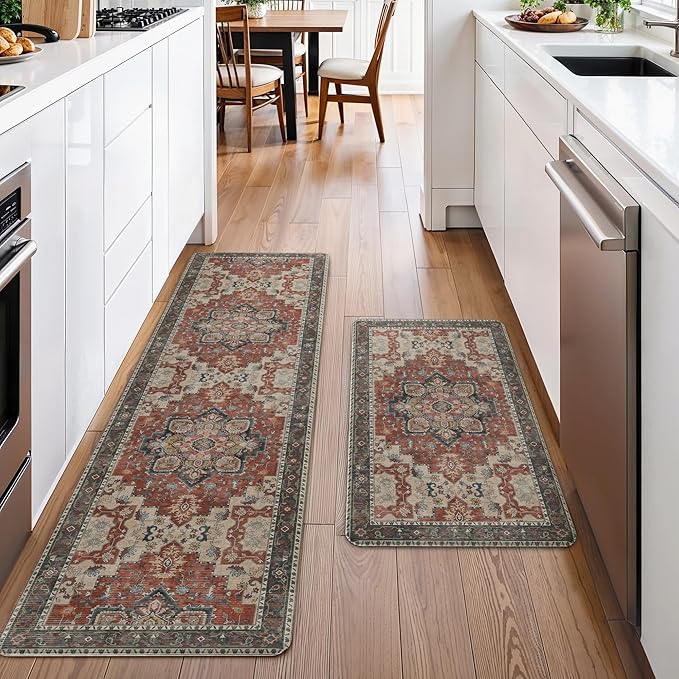 GENIMO Kitchen Mats for Floor 2PCs, Washable Anti Fatigue Mat for Cushioned, 17.3"x59"+17.3"x30", Waterproof Kitchen Rugs, Non Slip Comfort Standing Mat Rug for Home, Sink, Laundry, Bordeaux