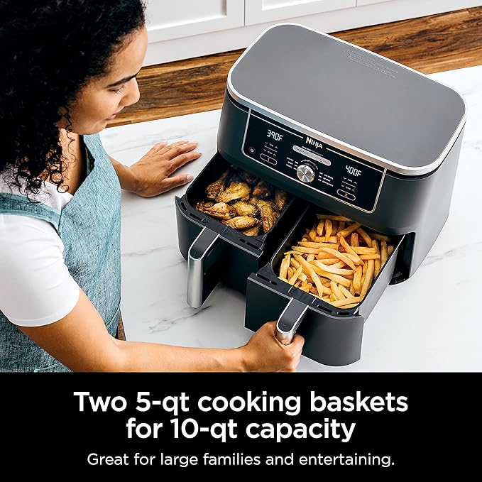Ninja DZ401 Foodi 10 Quart 6-in-1 DualZone XL 2-Basket Air Fryer with 2 Independent Frying Baskets, Match Cook & Smart Finish to Roast, Broil, Dehydrate for Quick, Easy Family-Sized Meals, Grey