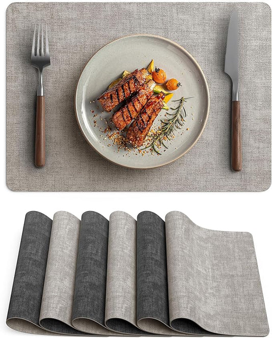 Faux Leather Vinyl Placemats Set of 6 Wipeable Heat Resistant Place Mats 100% Washable - Waterproof - Anti Slip Reversible Table Mats for Kitchen/Dining/Party/Outdoor, 12" x 16.5", Light Grey & Black