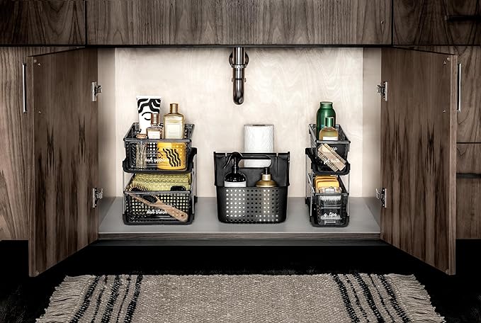 madesmart 2-Tier Organizer, Multi-Purpose Slide-Out Storage with Handles and Dividers for Home and Bath, BPA Free, Smoke