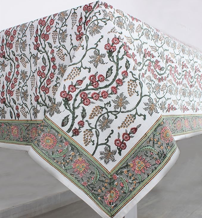 Ridhi Coral Pink Hand Block Print Cotton Rectangle Tablecloth 108 X 60 inches Reusable Table Cover Decorative Everyday Use for Dining Room, Farmhouse, Home, Party, Festive & Wedding, Fall