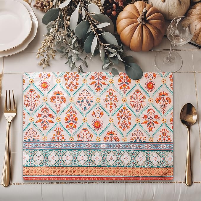 Maison d' Hermine Placemats Set of 4 100% Cotton Washable Cloth Place Mats, Reusable Table Mats for Thanksgiving Christmas Decorations Kitchen Dining Party Wedding Restaurant (Romane, 13" x 19")