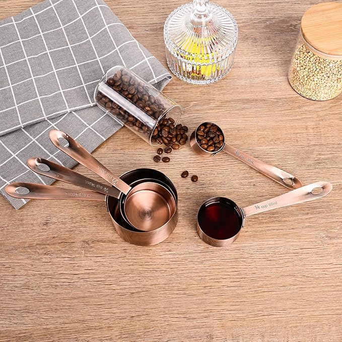 Copper Measuring Cups and Spoons Set 17 for Dry & Liquid, Metric & Us Stainless Steel Measuring Cups and Spoons Set with Leveler for Kitchen & Baking with 3/4 & 2/3 Measurer Cup
