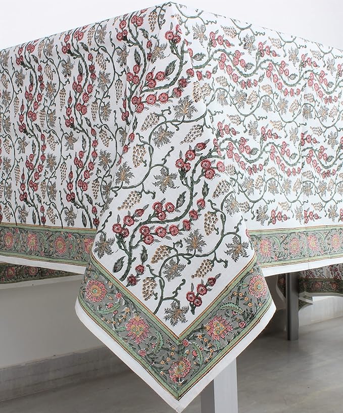 Ridhi Coral Pink Trails Hand Block Print Cotton Rectangle Tablecloth 190 x 72 inches Reusable Table Cover Decorative Everyday Use for Dining Room, Farmhouse, Home, Party, Festive & Wedding, Fall