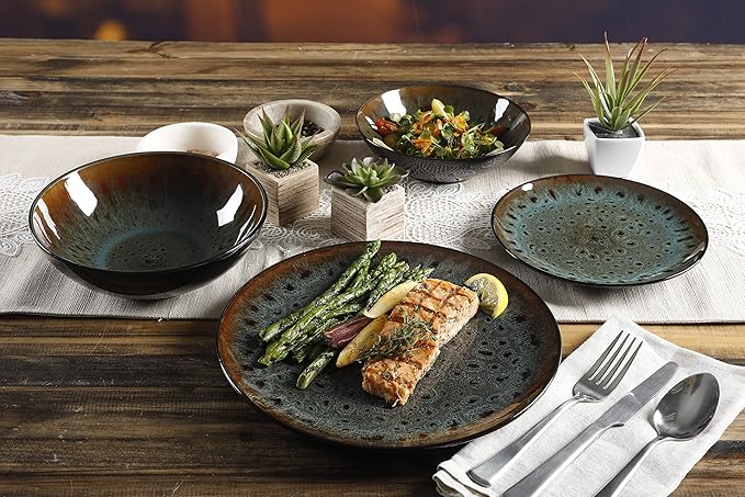 Gibson Elite Kyoto Double Bowl Dinnerware Set, Service for 4 (16pcs), Teal