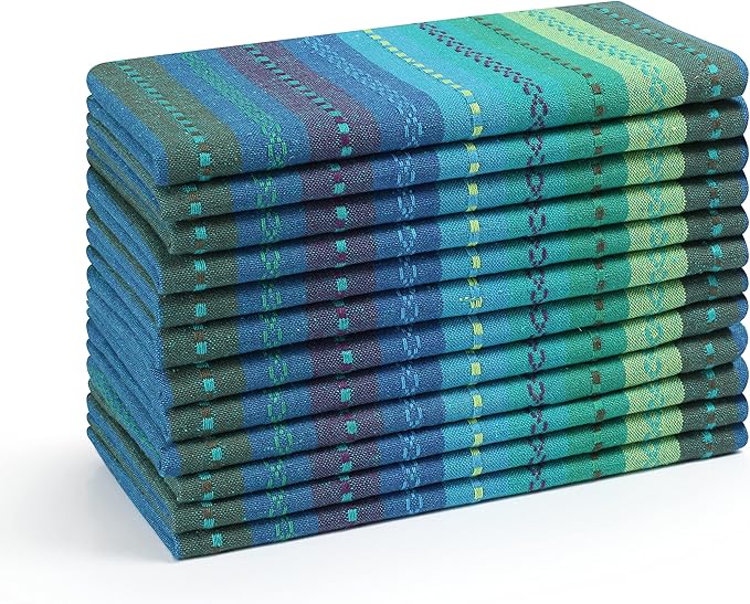Multi Color Cotton Hemstich Napkin, Decorative Cocktail Machine Washable Dinner Napkin with Mitered Corner for Wedding Christmas Everyday Use - Pack of 12-18x18 Inch - Green Blue Multi