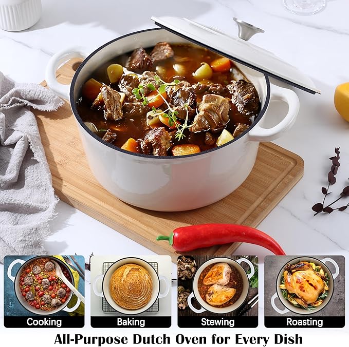 E-far Enameled Dutch Oven Pot for Bread Baking, 6QT Enameled Cast Iron Cookware with Self-Basting Lid & Sourdough Bread Baking Supplies, Heavy Duty Casserole Pot & Dual Handles-White