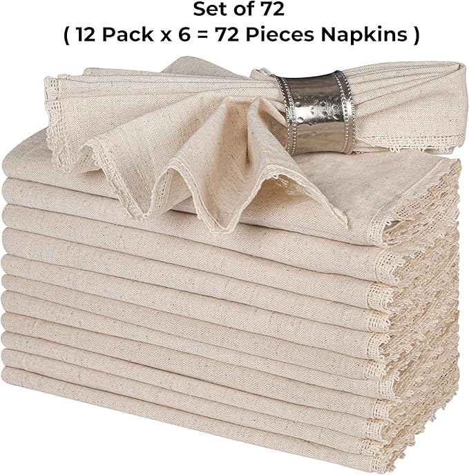 Bedding Craft Linen Flax Cotton Cloth Napkins 18x18 with Lace – Set of 72 – Machine Washable Reusable Fabric Napkins for Weddings, Cocktail Parties, Events & Table Settings (6 Dozen)