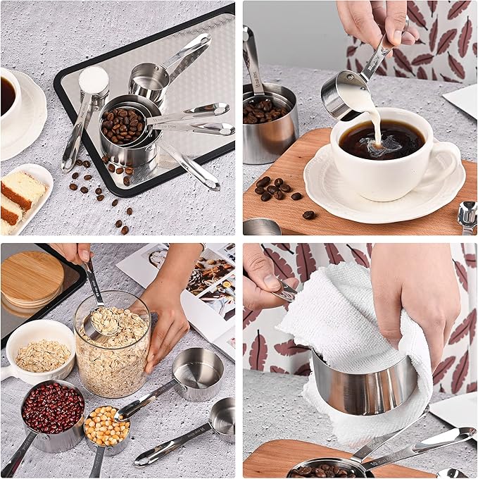 Stainless Steel Measuring Cups and Spoons Set of 12, 5 Dry Measuring Cups and 6 Measuring Spoons With Leveler for Kitchen