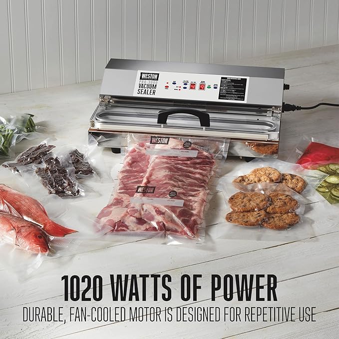 Weston Brands Vacuum Sealer Machine for Food Preservation & Sous Vide, Extra-Wide 5mm Bar for Sealing Bags up to 15" Wide, 1020 Watts, Programmable, Pro-3000, Stainless Steel (65-0420-W)