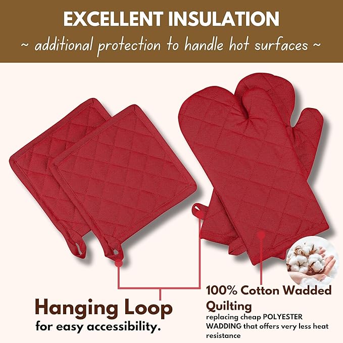 Native Fab Pot Holders and Oven Mitts Sets for Kitchen Heat Resistant - Hanging Non-Slip - 100% Cotton Kitchen Oven Mitts and Pot Holders 4-Piece Set - Red