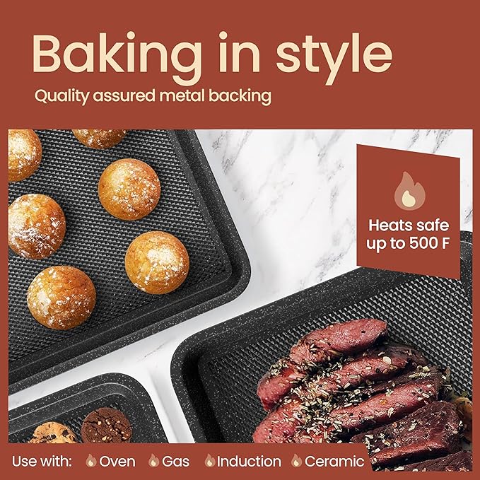 Diamond Bottom Cookie Sheet Set of 2, Nonstick Gray Marble Carbon Steel Baking Pans for Crisp Baking, Space-Saving Stackable Trays, PFOA, PFOS, PTFE Free, Oven Safe Up to 450°F, Small & Medium Pans