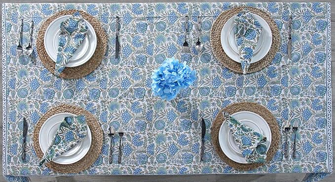 Ridhi Asparagus Green Hand Block Print Cotton Rectangle Tablecloth 160 x 72 inch-Reusable Table Cover Decorative Everyday Use for Dining Room, Farmhouse, Thanksgiving, Christmas Wedding, Fall