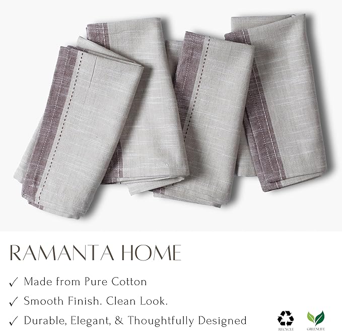 Ramanta Home Cloth Napkins Set of 12 Textured Cotton 18x18 - Premium Contrast Border Thanksgiving Dinner Napkins for Christmas Farmhouse Wedding, Soft Washable Table Linen for Everyday Use - Beige