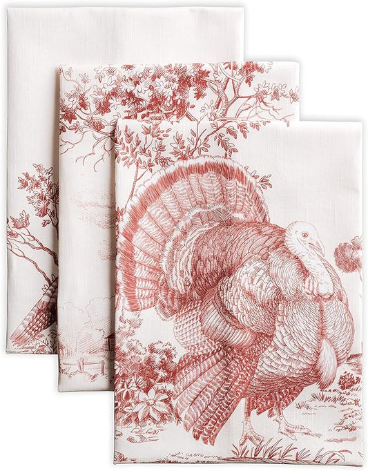 Maison d' Hermine Kitchen Towels Set of 3 100% Cotton 20" x 27.5" Reusable Cloth Tea Dish Towels Absorbent with Hanging Loop for Kitchen Dining Thanksgiving Christmas Decorations (Holy Jouy - Red)