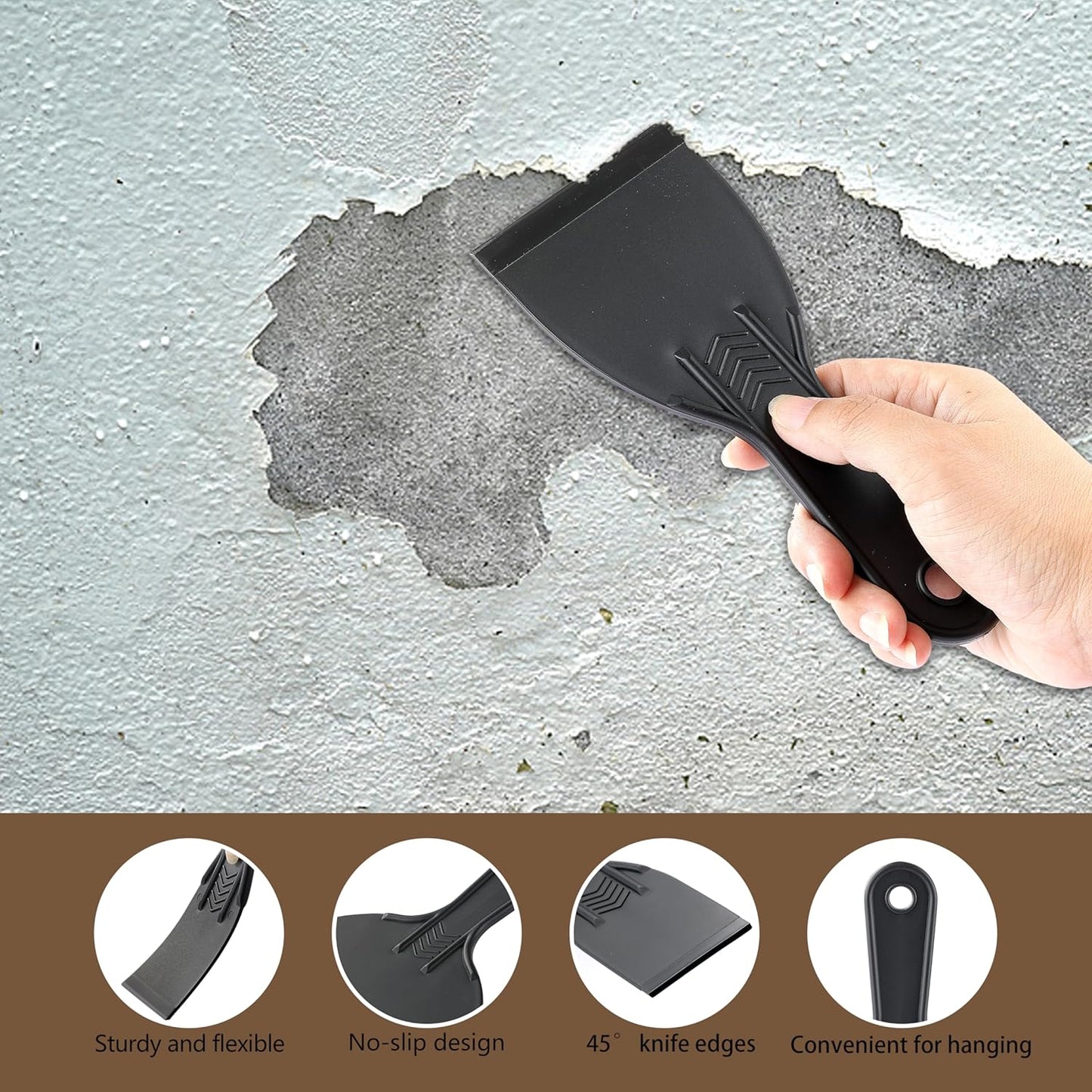 6 Pack Plastic Putty Knife, Durable Plastic Scraper Tool with No-Slip Grip for Spackle, Spreader, Non Scratch and Easy Cleaning Spackle Knife, Putty Knife Set, Black