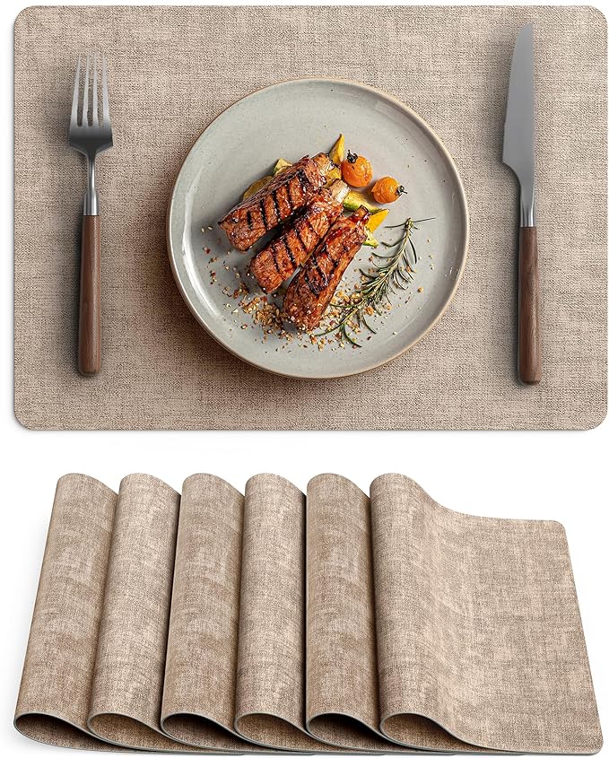 Faux Leather Vinyl Placemats Set of 6 Wipeable Heat Resistant Place Mats 100% Washable - Waterproof - Anti Slip Reversible Table Mats for Kitchen/Dining/Party/Outdoor, 12" x 16.5", Khaki