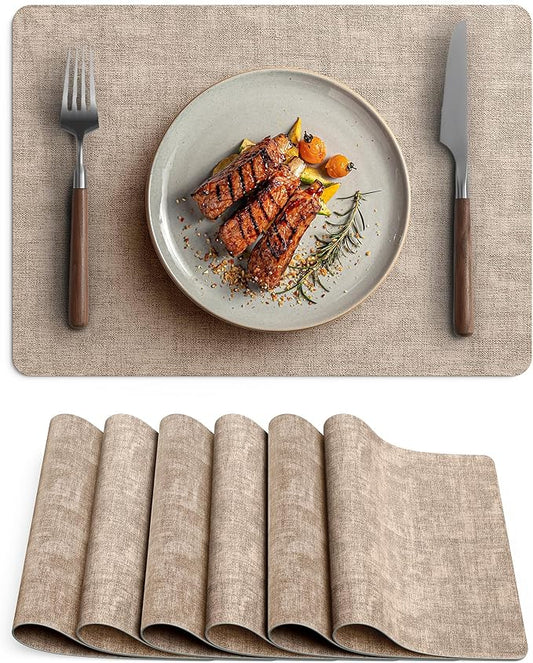 Faux Leather Vinyl Placemats Set of 6 Wipeable Heat Resistant Place Mats 100% Washable - Waterproof - Anti Slip Reversible Table Mats for Kitchen/Dining/Party/Outdoor, 12" x 16.5", Khaki