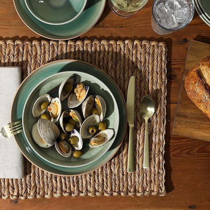 Gibson Elite Hailstone 16 Piece Stoneware Reactive Glaze (Service for 4) Ceramic Plates and Bowls Dinnerware Set - Tropical Green