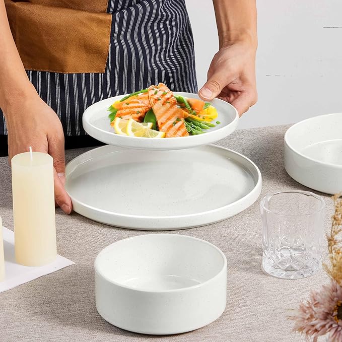 Herogo 8 Piece Dinnerware Sets with Pasta Bowls for 2, Dinner Salad Plates and Cereal Serving Bowls, Stoneware Dishes Dinner Ware for Kitchen Dining, Chip & Scratch Resistant Dishware, Speckled White