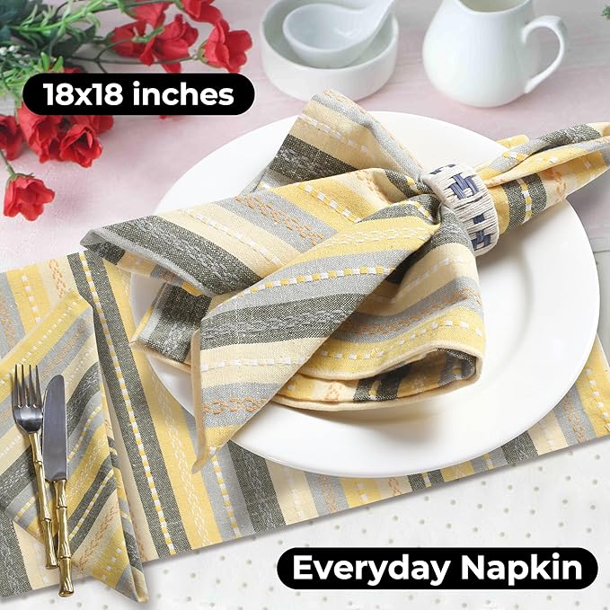 Yellow Thanksgiving Dinner Cloth Napkins Set of 12, 18x18 Inches Holiday Napkins Machine Washable, Soft, Cotton Blend - for Everyday, Lunch, Weddings, Parties - Multi Salsa Stripe