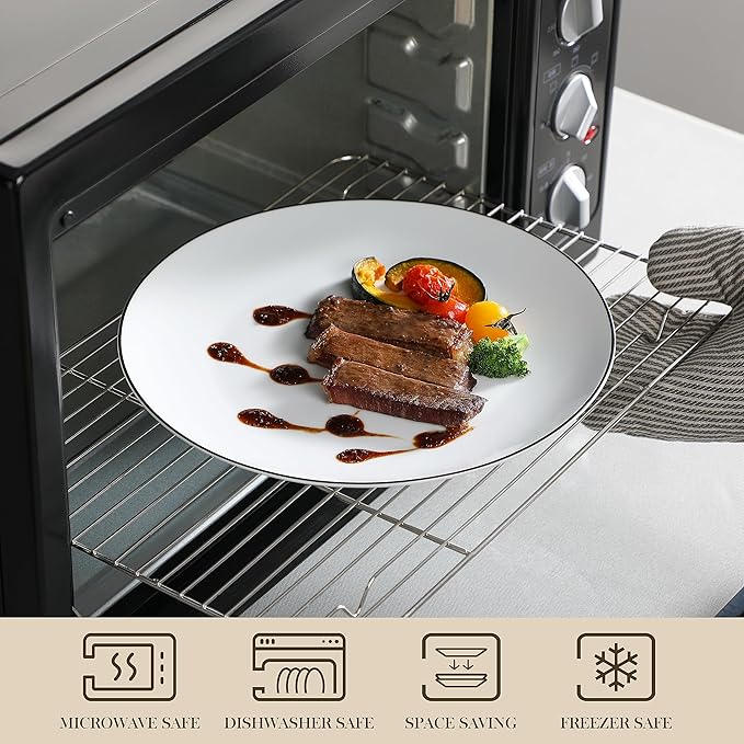 MALACASA 24-Piece Gourmet Porcelain Dinnerware Sets, Modern White with Black Rim Round Dish Set for 6 - Premium Serving Plates and Bowls Sets for Dessert, Salad, Soup, Pasta - Series AMELIA