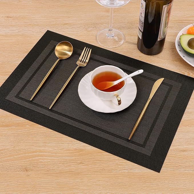 SHACOS Woven Vinyl Placemats Set of 4 Wipe Clean Place Mats for Dining Table Heat Resistant PVC Weave Table Mats Indoor Outdoor (4, Frame Black Gold)
