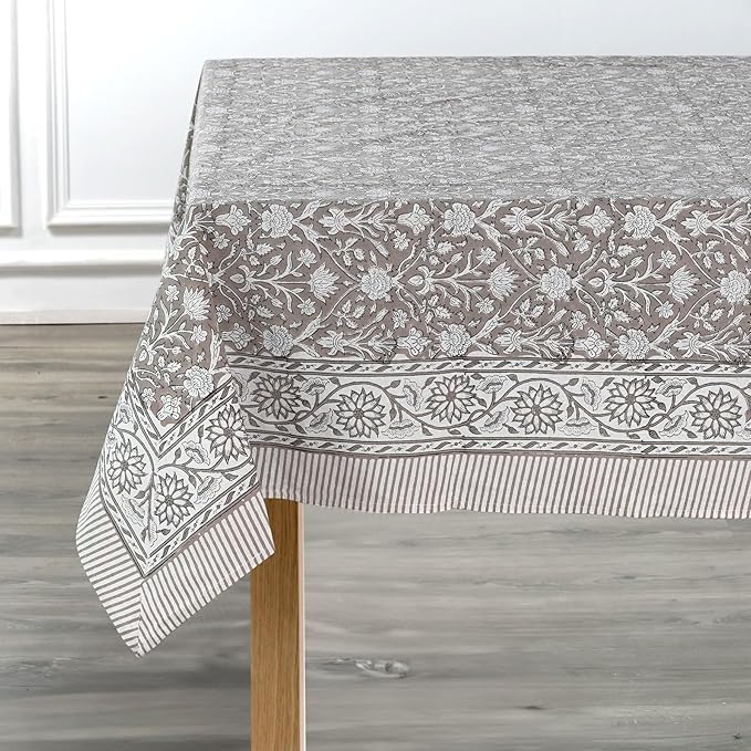 Ridhi Taupe Hand Block Print Cotton Rectangle Tablecloth 160 x 72 inches Reusable Table Cover Decorative Everyday Use for Dining Room, Farmhouse, Home, Party, Festive & Wedding, Fall