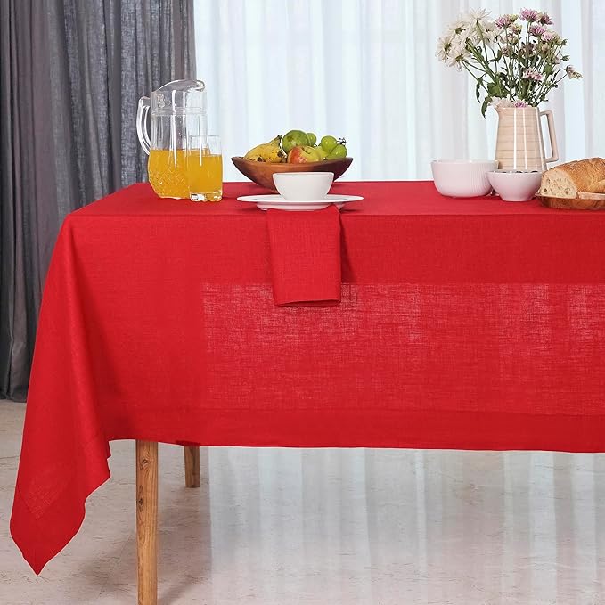 D'Moksha Homes Linen Square Tablecloth 60 x 60 Inch - 100% Pure Linen Bright Red Table Throw for Square Tables - Machine Washable Cloth Tablecloth for Fall, Autumn and Halloween