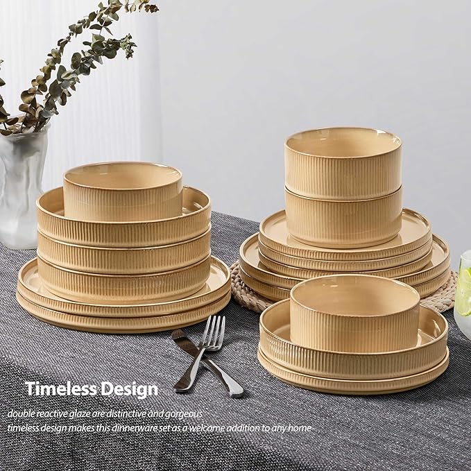LIANYU 16 Piece Dinnerware Sets with Double Bowls, Ceramic Plates and Bowls Set for 4, Ribbed Stoneware Dishes, Microwave and Dishwasher Safe, Dune Khaki