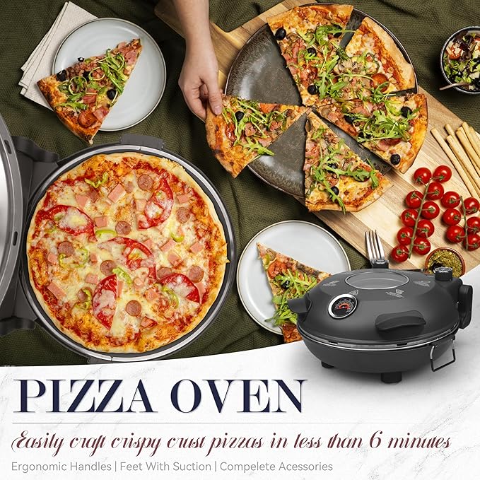Baker’s Friend Electric Pizza Oven Indoor Countertop, 12 Inch Pizza Maker Machine for Home, Pizza Cooker & Pizza Grill, Premium Glazed Ceramic Stone Pizza Oven, Graphite Gray