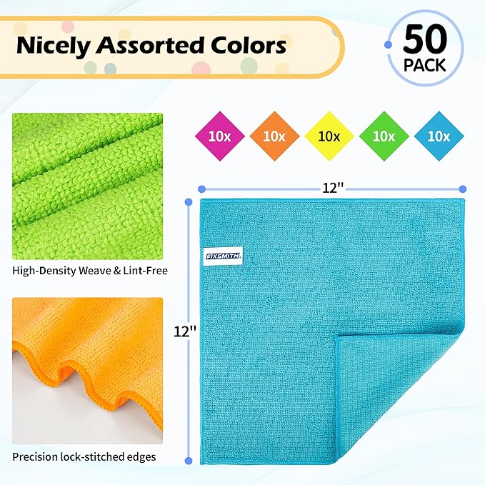 FIXSMITH Microfiber Cleaning Cloth, 50 Pack Cleaning Rags, Cleaning Towels for Housekeeping, Kitchen, Car, Lint-Free, Reusable Shop Towels with 5 Colors (Green/Blue/Yellow/Orange/Pink), 12"X12"