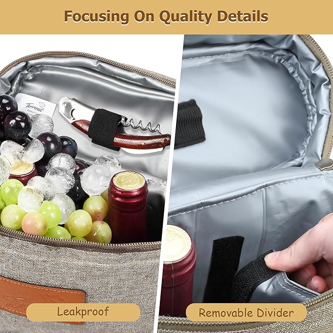 Tirrinia 2 Bottle Wine Gift Tote Carrier - Leakproof & Insulated with large pockets Wine Cooler Bag for Travel, Wine Tasting, Party, Dinner, Great Gift for Wine Lover