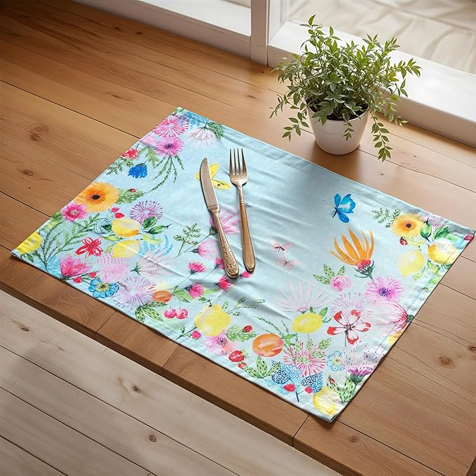 Maison d' Hermine Placemats Set of 4 100% Cotton Washable Cloth Place Mats, Reusable Table Mats for Kitchen Dining Decoration, Party, Wedding, Restaurant Spring/Summer (Jardin D'Ete - Mint, 13" x 19")