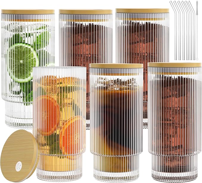 16OZ Ribbed Glass Cups with Lids and Straws,Iced Coffee Cups with Bamboo Lid,Vintage Glassware for Whiskey Cocktail Beer Fruit Juice Glasses Tumbler(6 Pack)