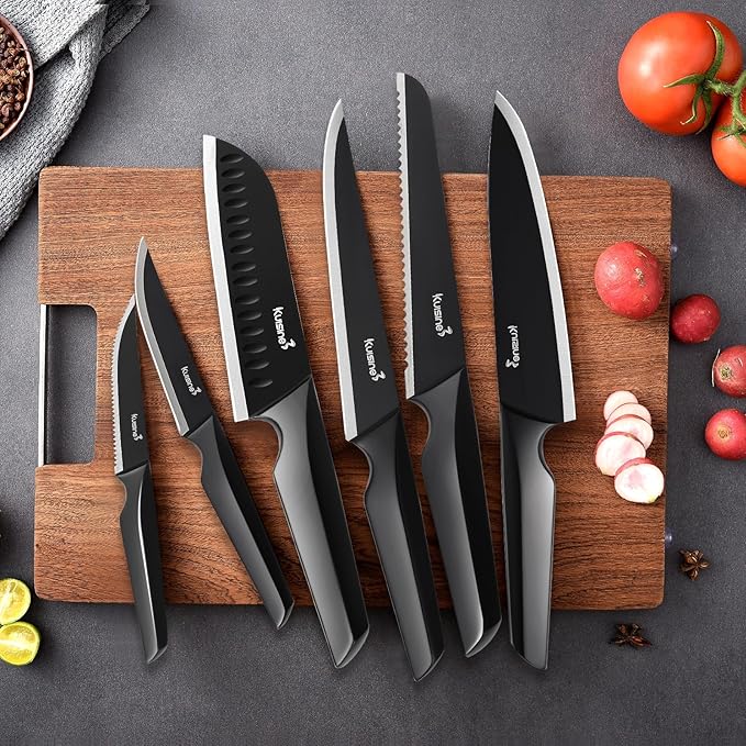 Kuisine Premium Knife Set,One-piece Steel Molding,High Carbon Stainless Steel Ultra Sharp,Non-slip Ergonomic Solid Steel Handle,Built-in Sharpener Knife Block Set,Luxury Gift(15PCS,BlackPro EX)