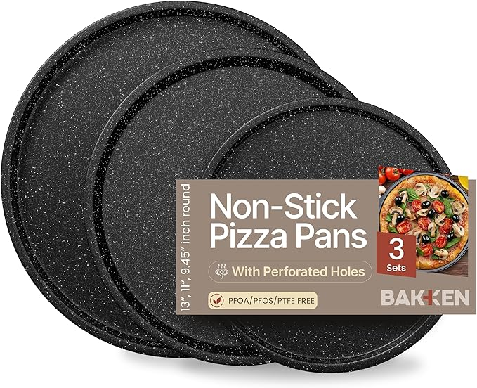 Gray Marble Non Stick Pizza Pans Set of 3 – Carbon Steel Pizza Baking Trays (9.45", 11.02", 12.99") for Oven Use, Durable, PFOA, PFOS, PTFE Free, Dishwasher Safe, Stain-resistant, Easy Cleanup